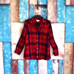Women's Maternity Plaid Long Sleeve Button Down Wrinkled Style LARGE Red Plaid